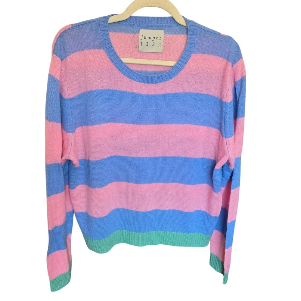 Jumper 1234 Cashmere Sweater Stripe Crewneck Pink Blue Pullover Knit 4 Large
